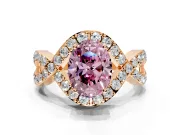 Halo Engagement Ring Setting for Fancy Pink Oval Center with Pave Infinity Twist Band and Prong Head in Rose Gold
