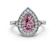 Halo Engagement Ring Setting for Fancy Pink Pear-Shaped Center with Milgrain Rim, Pave Band and Prong Head in Sterling Silver