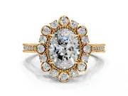 Milgrain Halo Engagement Ring Setting for Oval Center with Bezel Point Accents and Prong Head in Yellow Gold