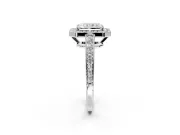 Bezel-Framed Halo Engagement Ring Setting for Radiant Cut Center with Pave Band and Prong Head in Platinum