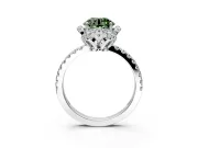 Halo Engagement Ring Setting for Fancy Green Round Cut Center with Openwork Halo, Pave Band and Prong Head in White Gold