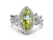 Halo Engagement Ring Setting for Fancy Yellow Marquise Center with Leaf Motif Split Shank and Prong Head in Platinum