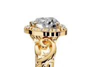 Halo Engagement Ring Setting for Heart-Shaped Center with Open Scroll Shoulders and Prong Head in Yellow Gold