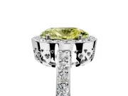 Halo Engagement Ring Setting for Fancy Yellow Oval Center with Heart-Shaped Openwork, Pave Band and Prong Head in Platinum