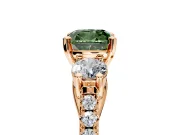 3 Stone Engagement Ring Setting for Fancy Green Cushion Cut Center with Crossover Basket, Pave Band and Prong Head in Rose Gold
