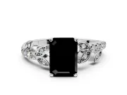 Leaf Motif Engagement Ring Setting for Fancy Black Emerald Cut Center with Pave Band and Prong Head in Sterling Silver
