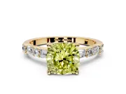 Baguette Engagement Ring Setting for Fancy Yellow Cushion Cut Center with Alternating Bar-Set Band and Prong Head in Yellow Gold