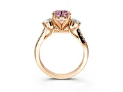 3 Stone Engagement Ring Setting for Fancy Pink Round Cut Center with Crossover Basket, Pave Band and Prong Head in Rose Gold