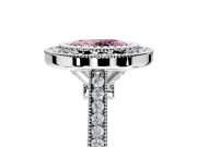 Halo Engagement Ring Setting for Fancy Pink Oval Center with Milgrain Frame, Pave Band and Prong Head in White Gold