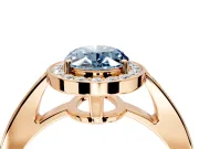 Bezel-Framed Halo Engagement Ring Setting for Fancy Blue Oval Center with Pave Band and Prong Head in Rose Gold