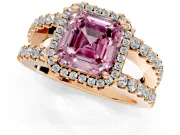 Halo Engagement Ring Setting for Fancy Pink Asscher Cut Center with Wide-Open Pave Split Shank and Prong Head in Rose Gold