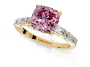 Baguette Engagement Ring Setting for Fancy Pink Cushion Cut Center with Alternating Bar-Set Band and Prong Head in Yellow Gold