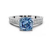 Solitaire Engagement Ring Setting for Fancy Blue Cushion Cut Center with Milgrain-Framed Pave Band and Prong Head in Platinum