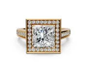 Halo Engagement Ring Setting for Princess Cut Center with Outer Bezel Rim, Pave Band and Prong Head in Yellow Gold