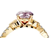 Leaf Motif Engagement Ring Setting for Fancy Pink Oval Center with Pave Band and Prong Head in Yellow Gold