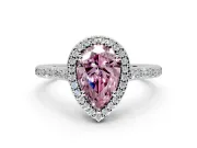Halo Engagement Ring Setting for Fancy Pink Pear-Shaped Center with Pave Accents, Heart Basket and Prong Head in White Gold