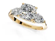 3 Stone Engagement Ring Setting for Cushion Cut Center with Large Pear-Shaped Accents and Prong Head in Yellow Gold
