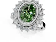 Halo Engagement Ring Setting for Fancy Green Oval Center with Milgrain Bezel Rim, Plain Band and Prong Head in White Gold