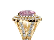 Double Halo Engagement Ring Setting for Fancy Pink Radiant Cut Center with Narrow Pave Split Shank and Prong Head in Yellow Gold