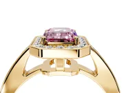 Bezel-Framed Halo Engagement Ring Setting for Fancy Pink Emerald Cut Center with Pave Band and Prong Head in Yellow Gold