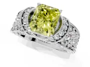 Pave Engagement Ring Setting for Fancy Yellow Radiant Cut Center with Curved Accent Rows, Openwork and Prong Head in White Gold