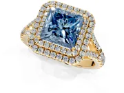 Double Halo Engagement Ring Setting for Fancy Blue Princess Cut Center with Narrow Pave Split Shank and Prong Head in Yellow Gold