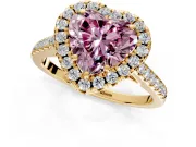 Halo Engagement Ring Setting for Fancy Pink Heart-Shaped Center with Raised Halo, Pave Band and Prong Head in Yellow Gold