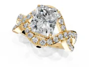 Halo Engagement Ring Setting for Radiant Cut Center with Pave Infinity Twist Band and Prong Head in Yellow Gold