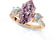 3 Stone Engagement Ring Setting for Fancy Pink Marquise Center with Crossover Basket, Pave Band and Prong Head in Rose Gold