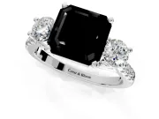 3 Stone Engagement Ring Setting for Fancy Black Asscher Cut Center with Crossover Basket, Pave Band and Prong Head in Platinum