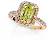 Halo Engagement Ring Setting for Fancy Yellow Emerald Cut Center with Inner Milgrain Border and Prong Head in Rose Gold