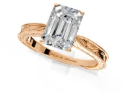 Solitaire Engagement Ring Setting for Emerald Cut Center with Engraved Milgrain Band and Prong Head in Rose Gold