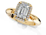 Halo Engagement Ring Setting for Emerald Cut Center with Tapered Plain Band and Prong Head in Yellow Gold