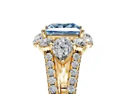 Halo Engagement Ring Setting for Fancy Blue Princess Cut Center with Two-Strand Split Shank and Prong Head in Yellow Gold