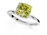 Hidden Halo Engagement Ring Setting for Fancy Yellow Cushion Cut Center with Thin Round-Wire Band and Prong Head in White Gold