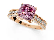 Solitaire Engagement Ring Setting for Fancy Pink Cushion Cut Center with Milgrain-Framed Pave Band and Prong Head in Rose Gold