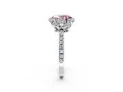 Halo Engagement Ring Setting for Fancy Pink Oval Center with Openwork Halo, Pave Band and Prong Head in White Gold