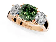 3 Stone Engagement Ring Setting for Fancy Green Cushion Cut Center with Raised Basket Heads and Prong Head in Rose Gold
