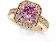 Milgrain Halo Engagement Ring Setting for Fancy Pink Radiant Cut Center with Pave Band and Prong Head in Rose Gold