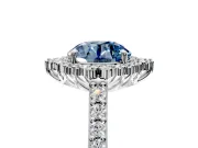 Sunburst Halo Engagement Ring Setting for Fancy Blue Round Cut Center with Pave Band and Prong Head in Sterling Silver
