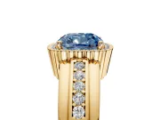 Halo Engagement Ring Setting for Fancy Blue Cushion Cut Center with Wide Band, Inlaid Accent Row and Prong Head in Yellow Gold