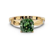 Solitaire Engagement Ring Setting for Fancy Green Cushion Cut Center with Carved Leaf Shoulders and Prong Head in Yellow Gold