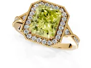 Halo Engagement Ring Setting for Fancy Yellow Radiant Cut Center with Milgrain Rim, Pave Band and Prong Head in Yellow Gold
