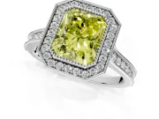 Halo Engagement Ring Setting for Fancy Yellow Radiant Cut Center with Milgrain Pave Band and Bezel Head in White Gold