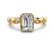 Milgrain Bezel Engagement Ring Setting for Emerald Cut Center with Marquise Stations and Bezel Head in Yellow Gold