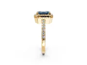 Halo Engagement Ring Setting for Fancy Blue Emerald Cut Center with Inner Milgrain Border and Prong Head in Yellow Gold