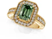 Milgrain Halo Engagement Ring Setting for Fancy Green Emerald Cut Center with Pave Band and Prong Head in Yellow Gold