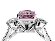 3 Stone Engagement Ring Setting for Fancy Pink Radiant Cut Center with Crossover Basket, Pave Band and Prong Head in Platinum
