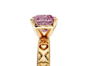 Solitaire Engagement Ring Setting for Fancy Pink Cushion Cut Center with XO Engraved Band and Prong Head in Yellow Gold