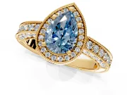 Milgrain Halo Engagement Ring Setting for Fancy Blue Pear-Shaped Center with Wide Pave Band and Prong Head in Yellow Gold